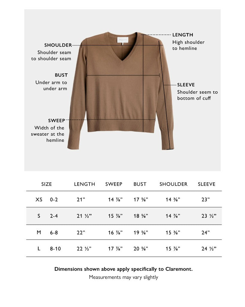 Size chart for The Claremont Cotton V-Neck Sweater — State of Cotton NYC
