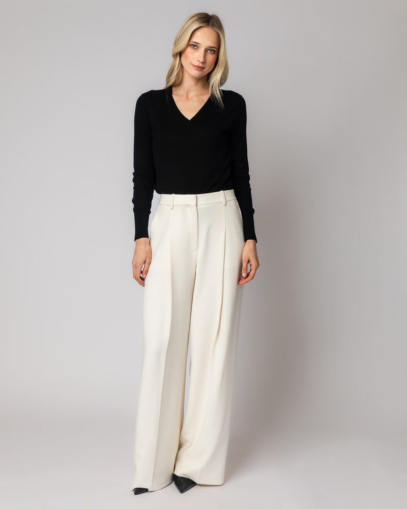 Detail shot of The Claremont Cotton V-Neck Sweater in black — superfine Egyptian cotton