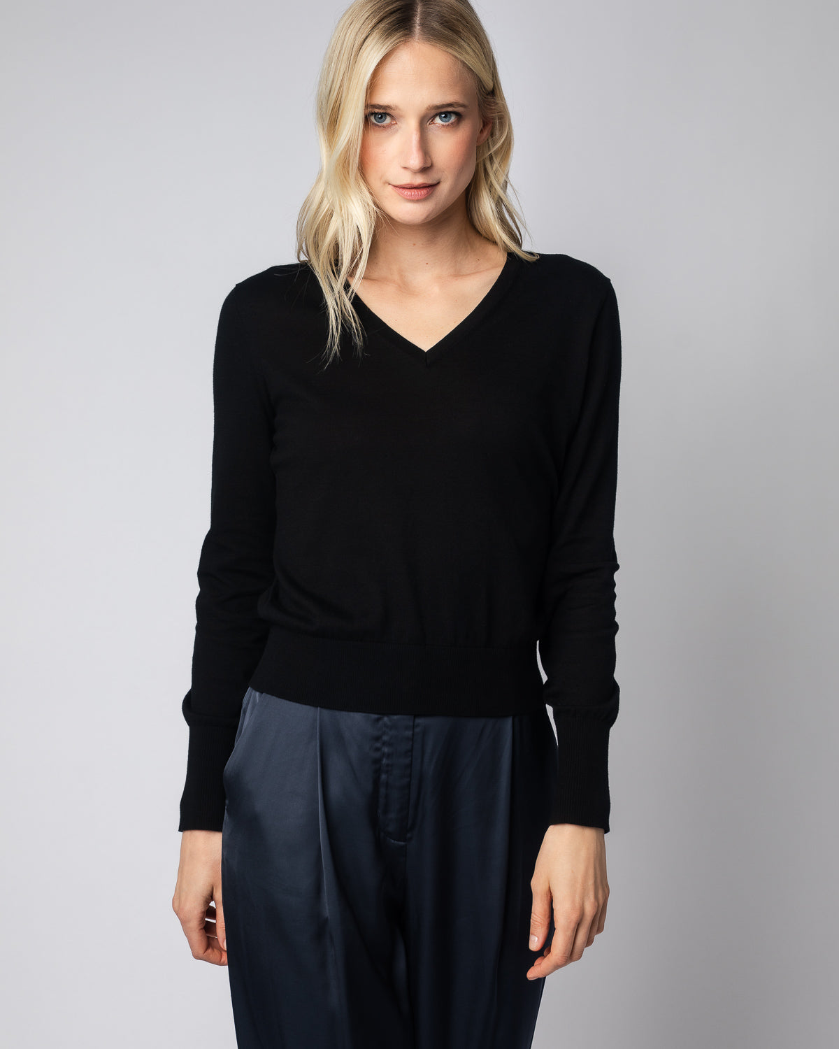 The Claremont Cotton V-Neck Sweater in black — superfine Egyptian cotton, Italian-spun — State of Cotton NYC