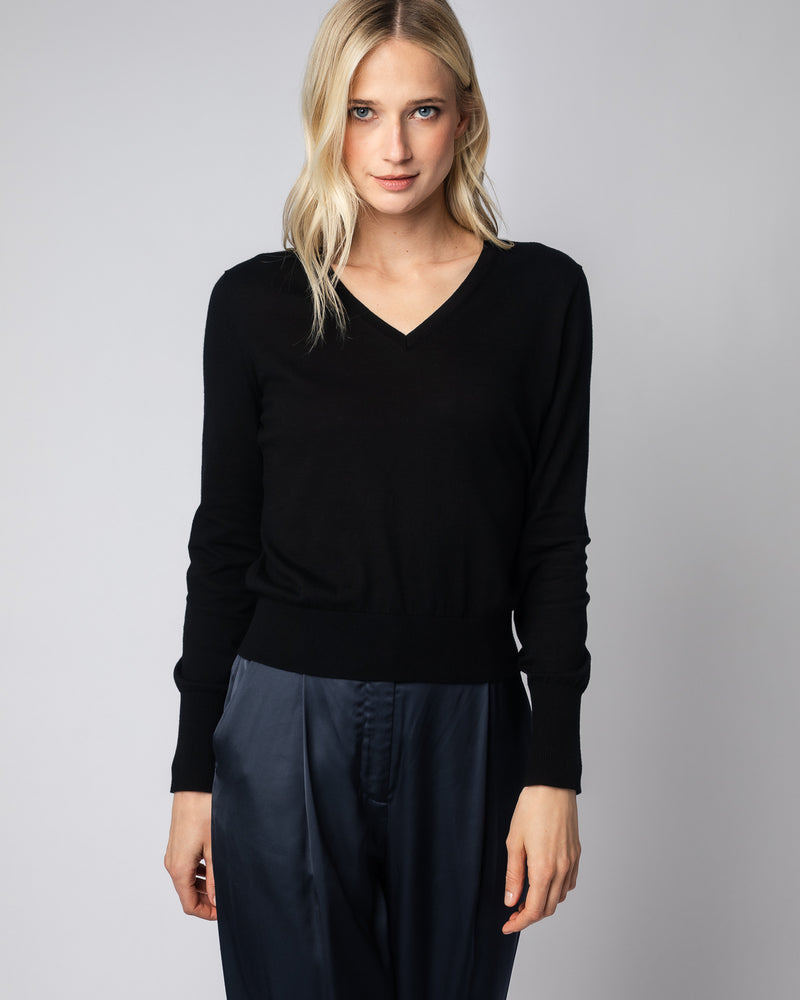 The Claremont Cotton V-Neck Sweater in black — superfine Egyptian cotton, Italian-spun — State of Cotton NYC