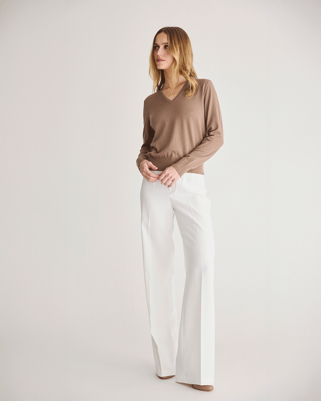 Detail shot of The Claremont Cotton V-Neck Sweater in mocha — superfine Egyptian cotton