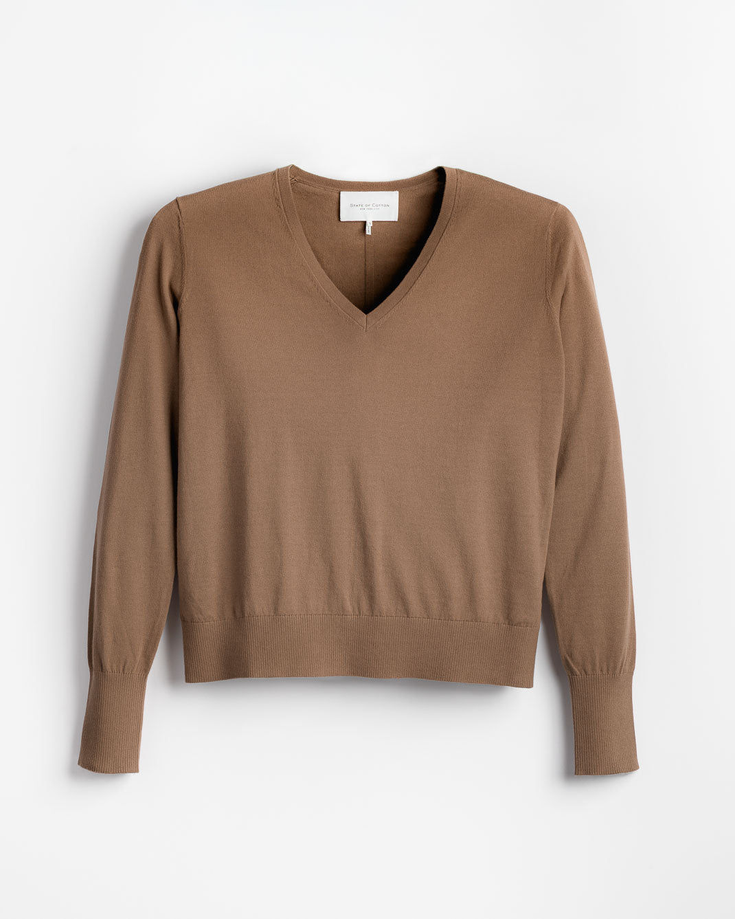 The Claremont Cotton V-Neck Sweater in mocha, flat lay — State of Cotton NYC