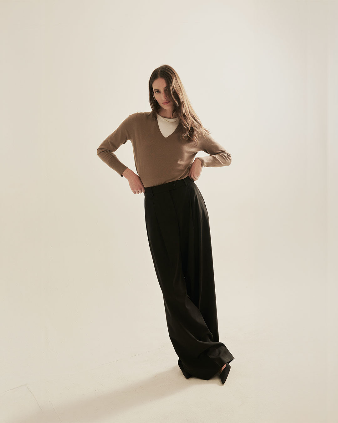 The Claremont Cotton V-Neck Sweater in mocha, mood shot — State of Cotton NYC