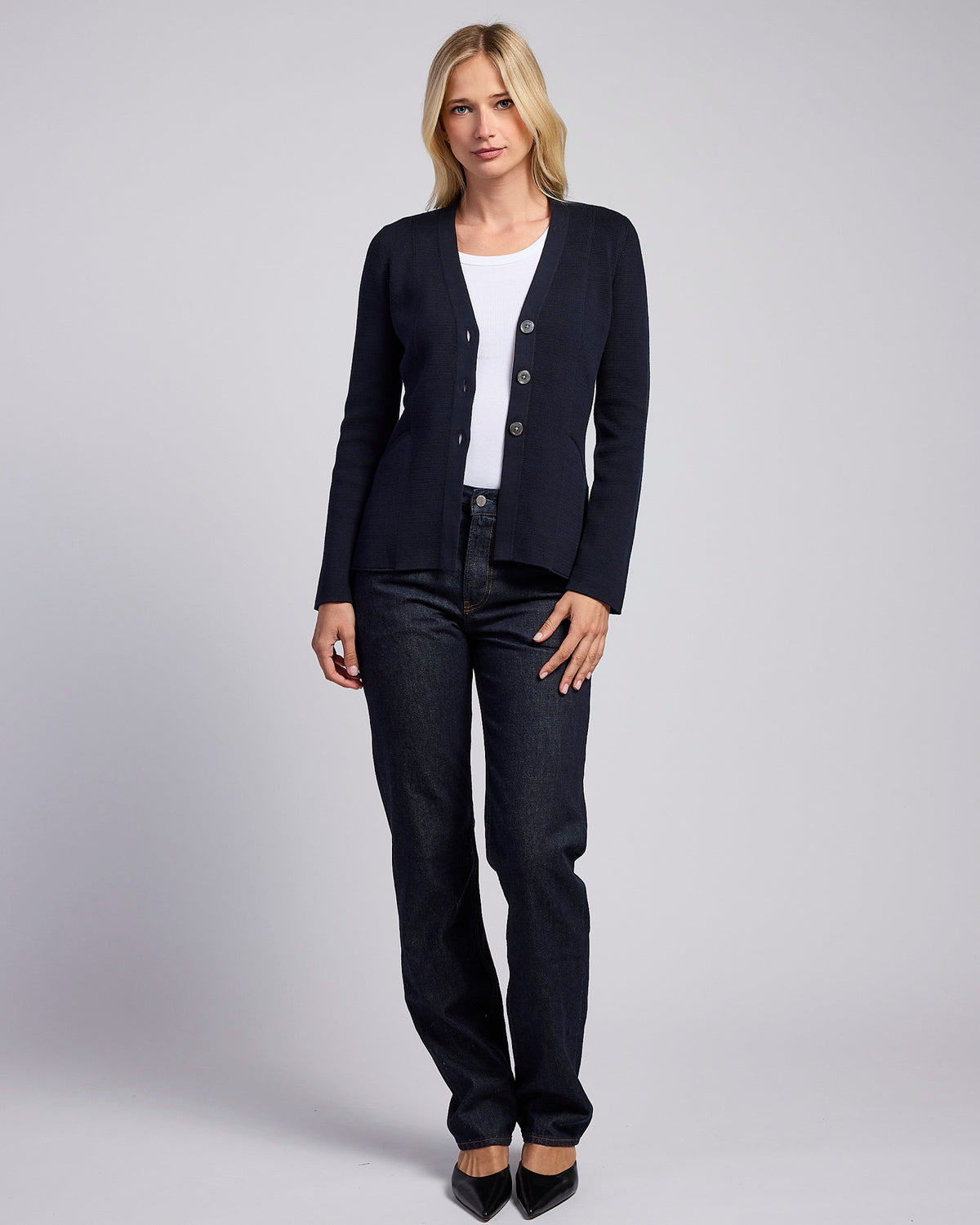 The Derring Cotton Cardigan Blazer in navy, alternate view — State of Cotton NYC