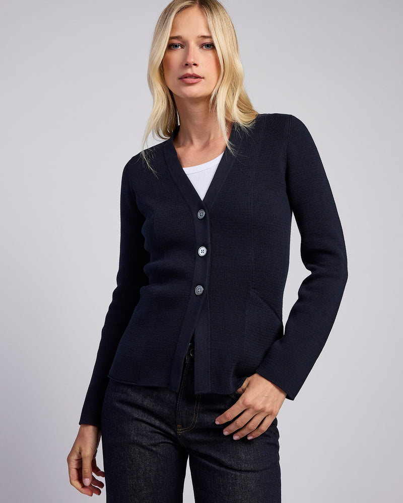The Derring Cotton Cardigan Blazer in navy, back view — State of Cotton NYC
