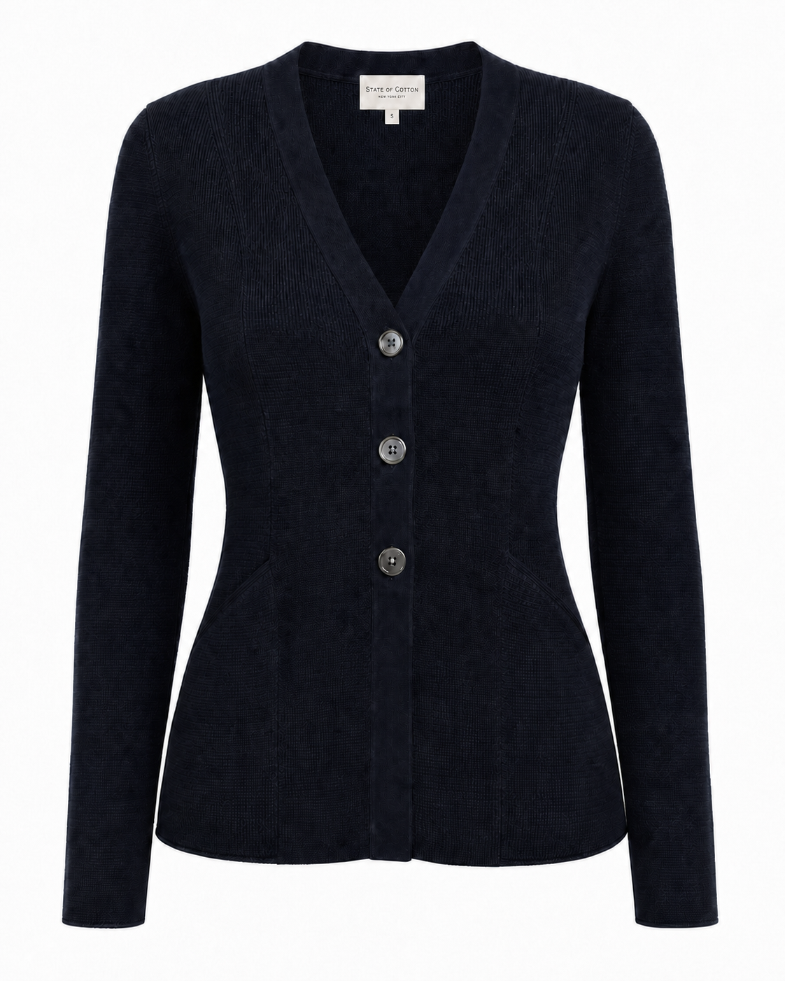 The Derring Cotton Cardigan Blazer in navy, flat lay — State of Cotton NYC
