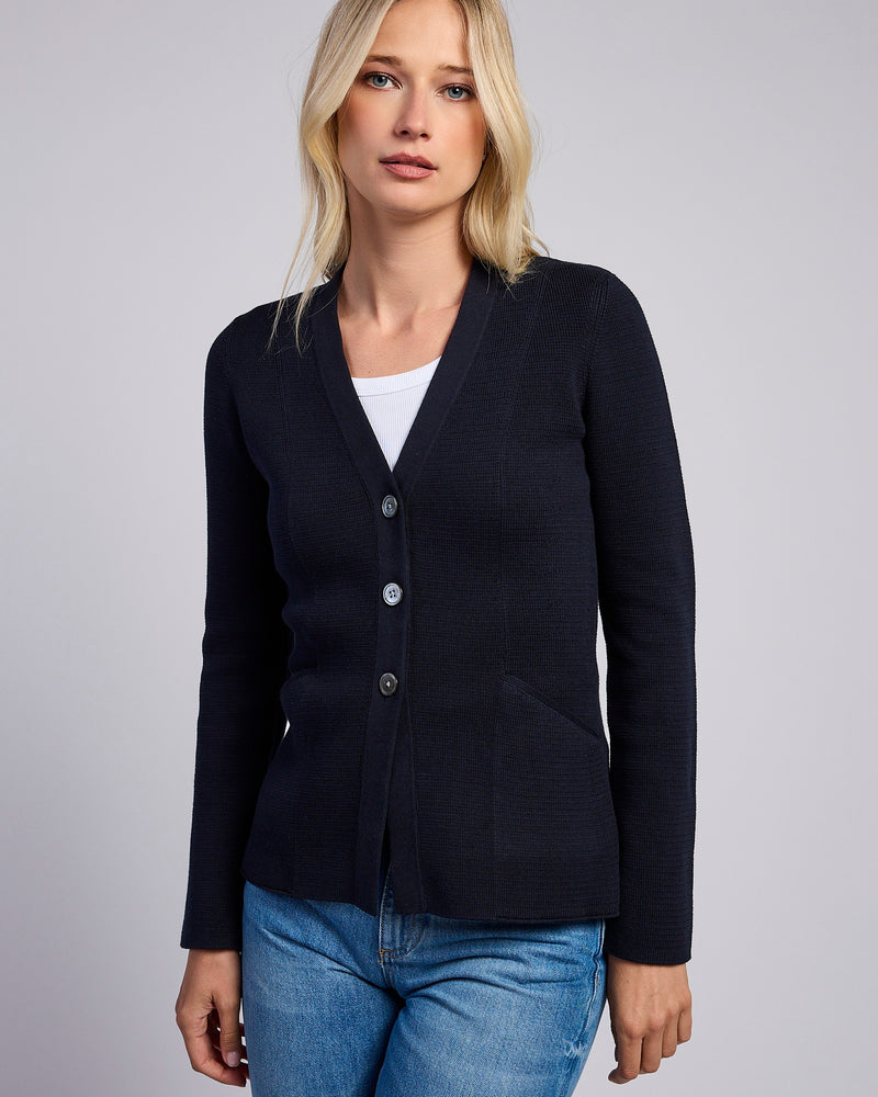 The Derring Cotton Cardigan Blazer in navy, front view — State of Cotton NYC