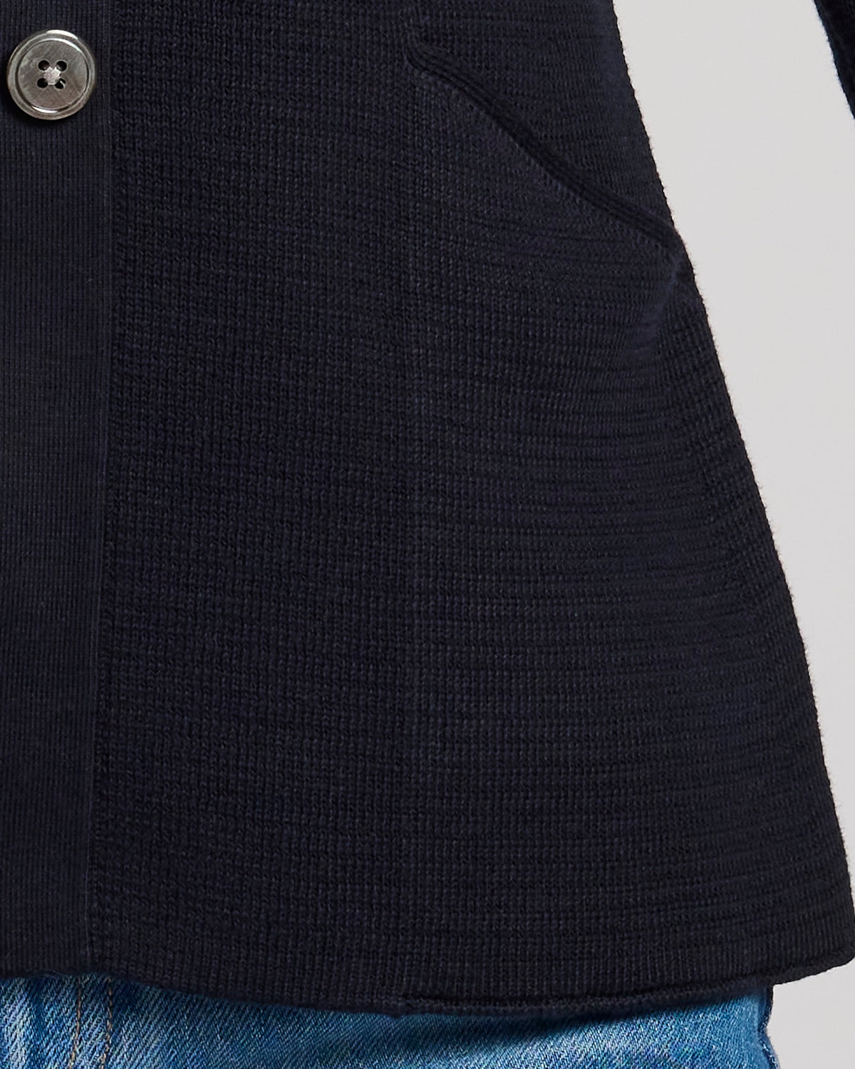 The Derring Cotton Cardigan Blazer in navy, lifestyle view — State of Cotton NYC