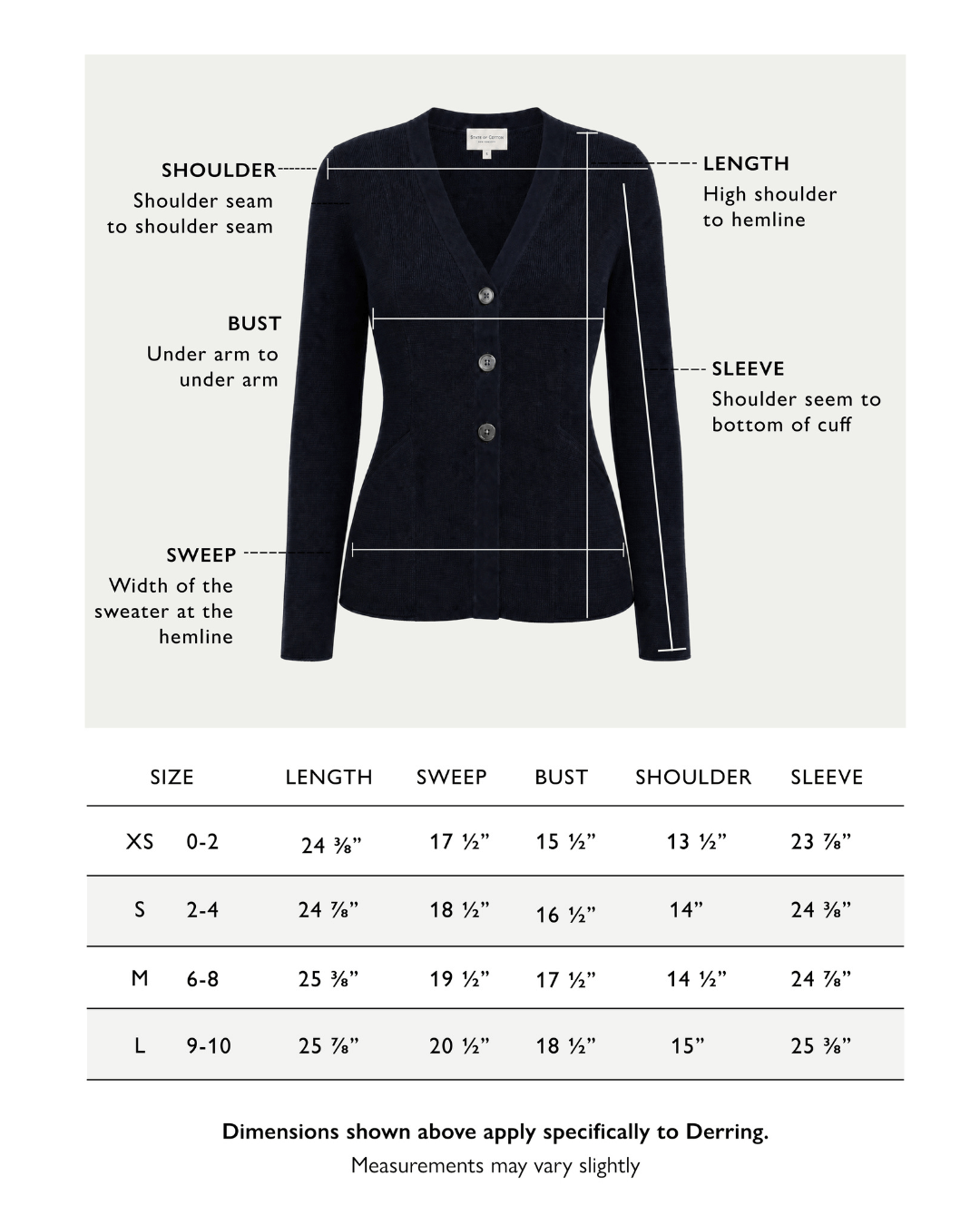 Size chart for The Derring Cotton Cardigan Blazer in navy — State of Cotton NYC