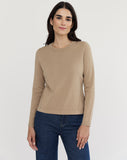 Detail shot of The Devon Cotton Crewneck Sweater in camel — lightweight Egyptian cotton, Italian-spun