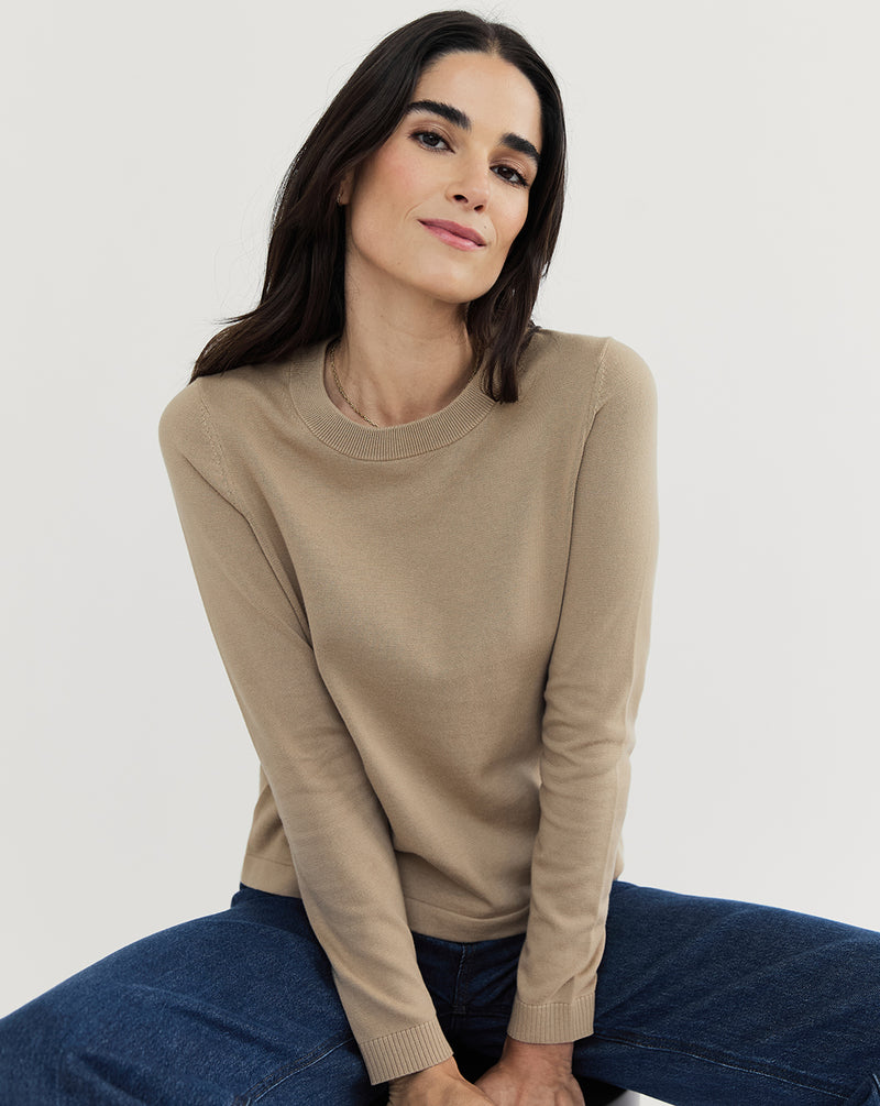 The Devon Cotton Crewneck Sweater in camel — Lightweight Egyptian cotton, Italian-spun — State of Cotton NYC
