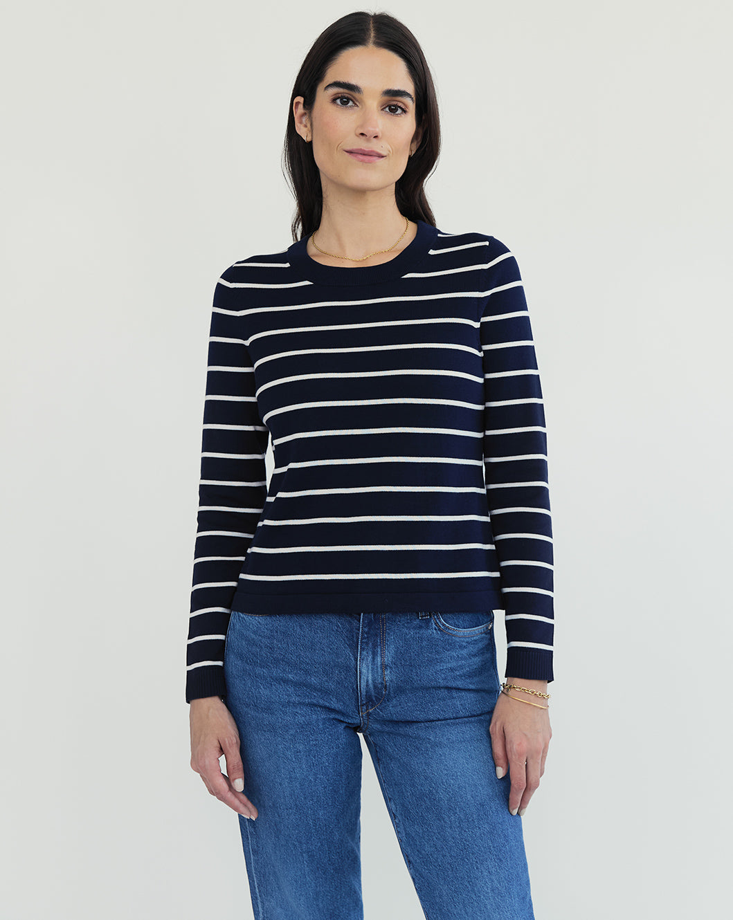 The Devon Stripe Cotton Crewneck Sweater in navy and ivory, additional view — State of Cotton NYC
