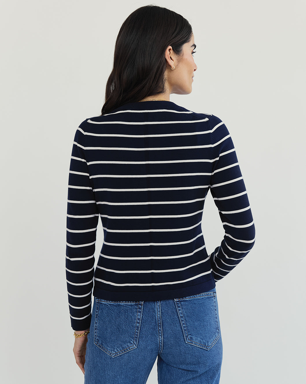 The Devon Stripe Cotton Crewneck Sweater in navy and ivory, additional view — State of Cotton NYC