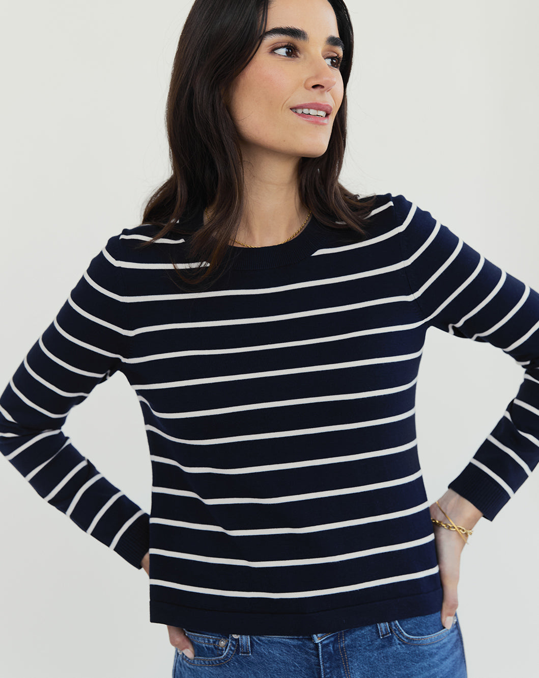 The Devon Stripe Cotton Crewneck Sweater in navy and ivory, additional view — State of Cotton NYC