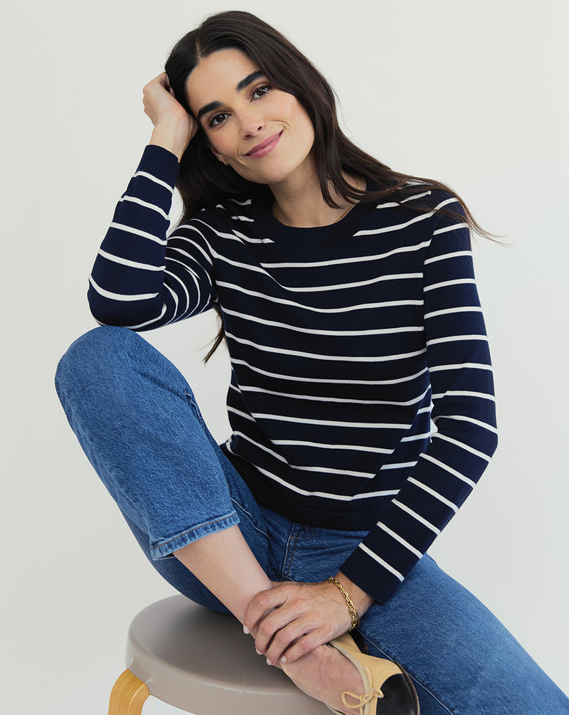 The Devon Stripe Cotton Crewneck Sweater in navy and ivory — Egyptian cotton, Italian-spun — State of Cotton NYC