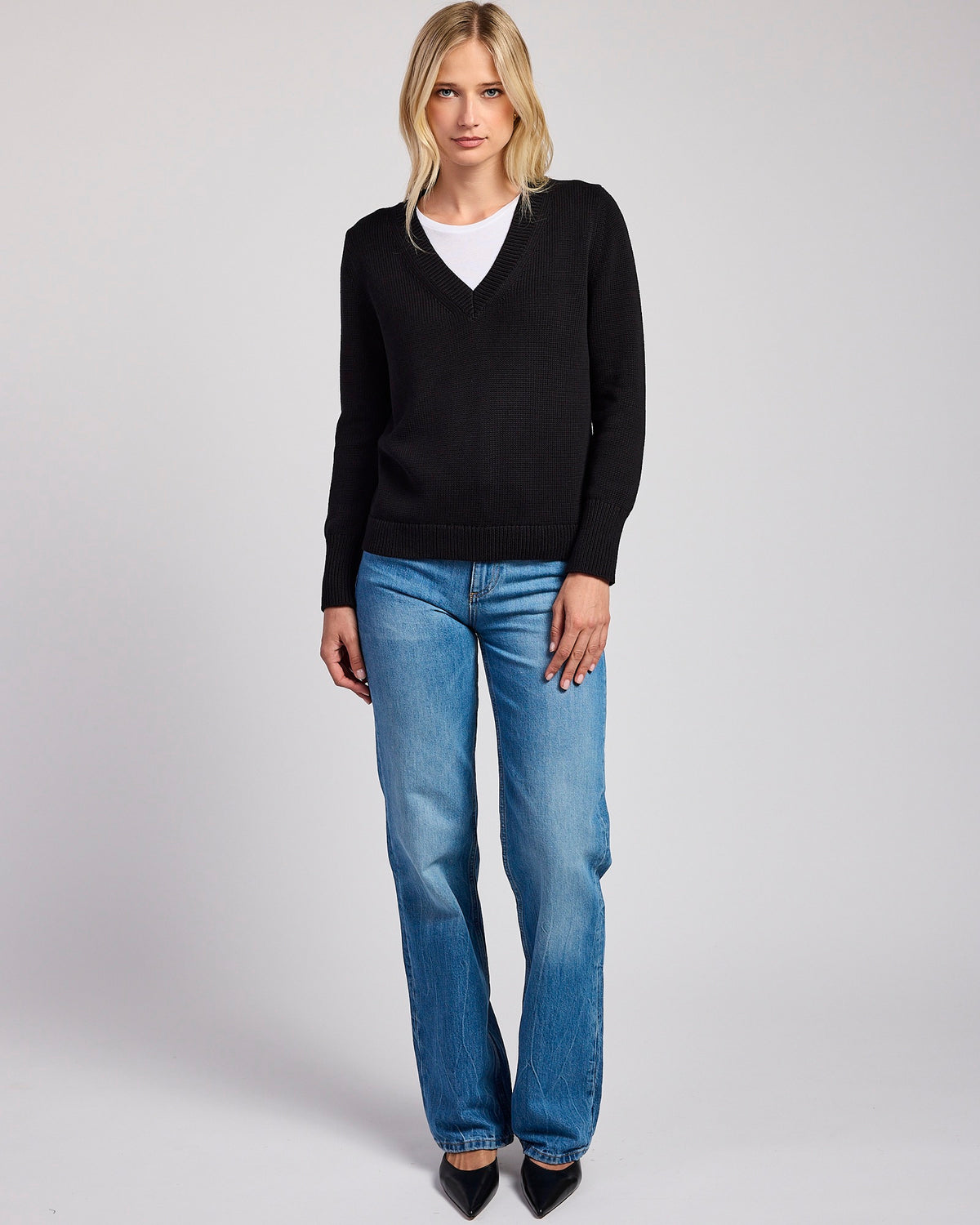The Dorien V-Neck Cotton Sweater in black, alternate view — State of Cotton NYC