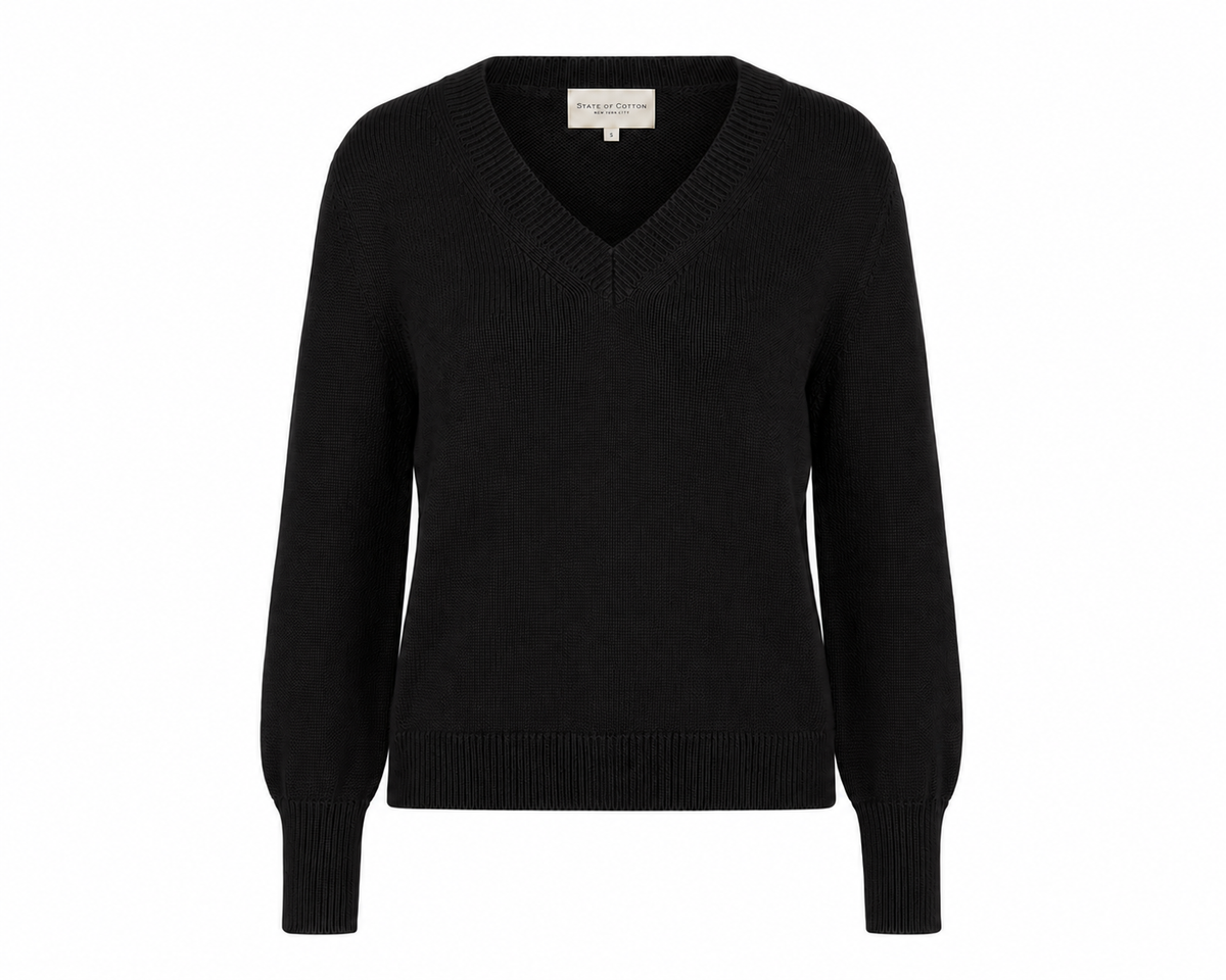 The Dorien V-Neck Cotton Sweater in black, flat lay — State of Cotton NYC