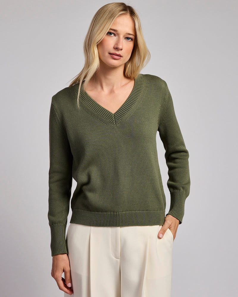 The Dorien V-Neck Cotton Sweater in cypress, front view — State of Cotton NYC