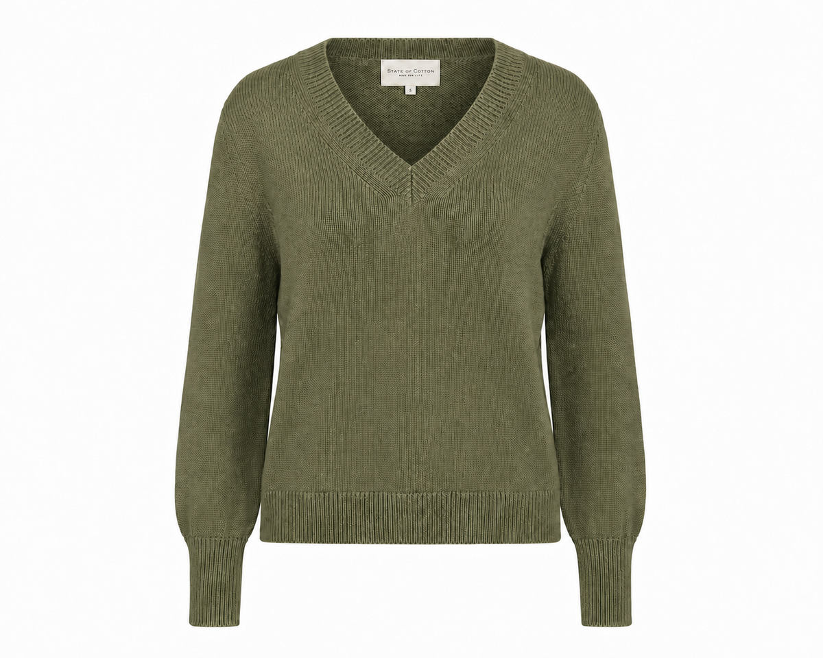 The Dorien V-Neck Cotton Sweater in cypress, product view — State of Cotton NYC