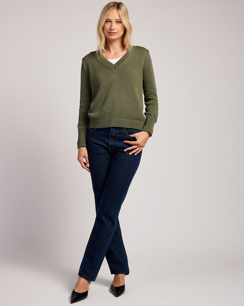 The Dorien V-Neck Cotton Sweater in cypress, styled view — State of Cotton NYC