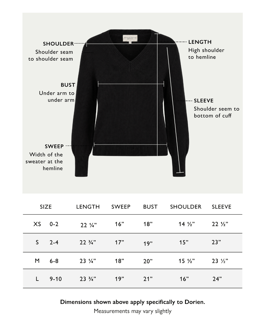 Size chart for The Dorien V-Neck Cotton Sweater in black — State of Cotton NYC
