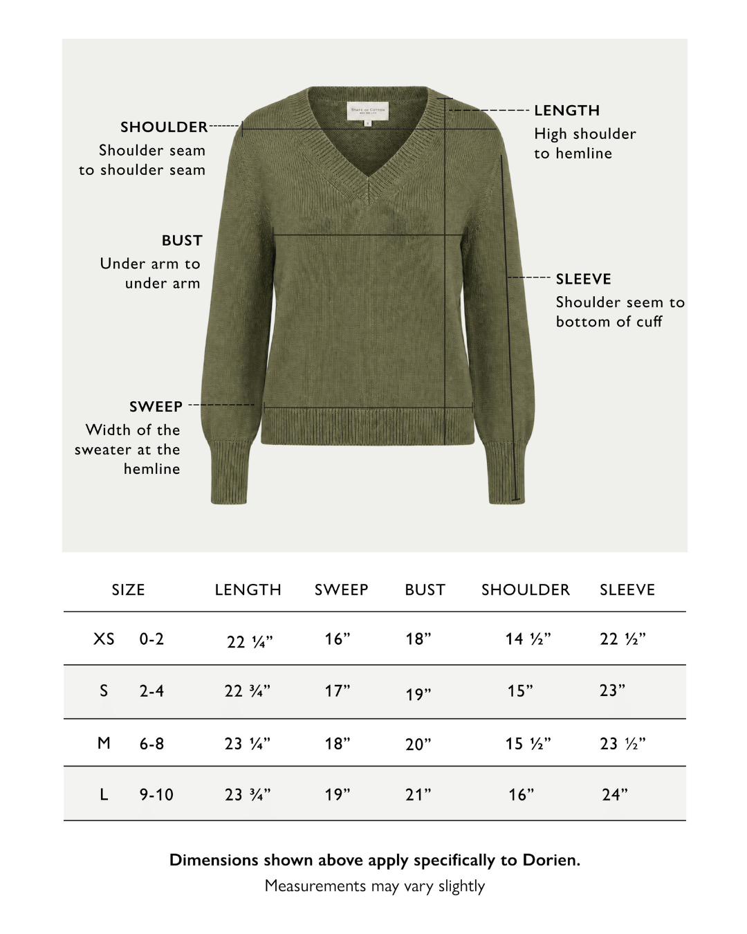 Size chart for The Dorien V-Neck Cotton Sweater in cypress — State of Cotton NYC