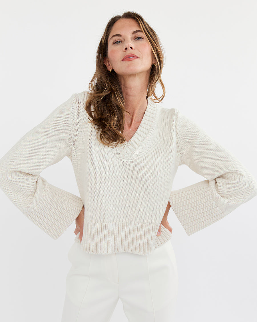 The Easton Cotton V-Neck Sweater in ivory, additional view — State of Cotton NYC