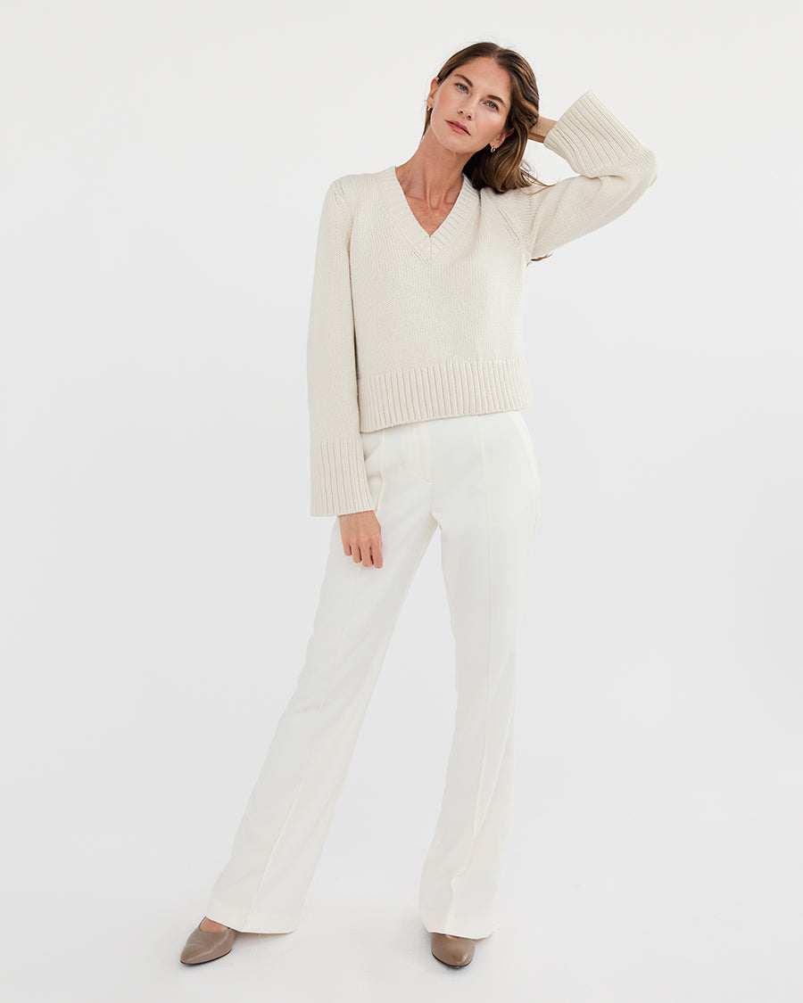 The Easton Cotton V-Neck Sweater in ivory, additional view — State of Cotton NYC