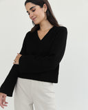 Detail shot of The Easton Cotton V-Neck Sweater in black — Turkish cotton