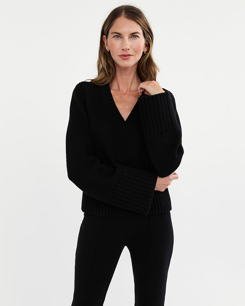 The Easton Cotton V-Neck Sweater in black, front view — State of Cotton NYC