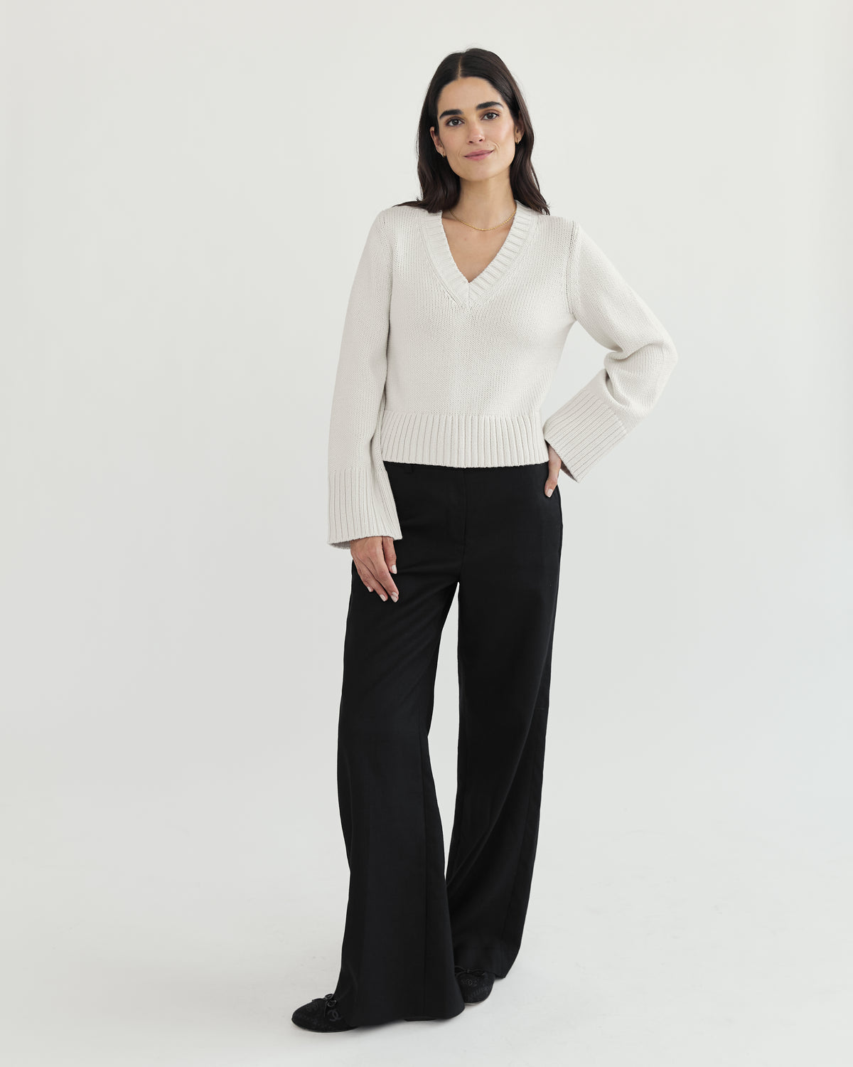 The Easton Cotton V-Neck Sweater in ivory, additional view — State of Cotton NYC