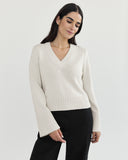 The Easton Cotton V-Neck Sweater in ivory, styled view — State of Cotton NYC