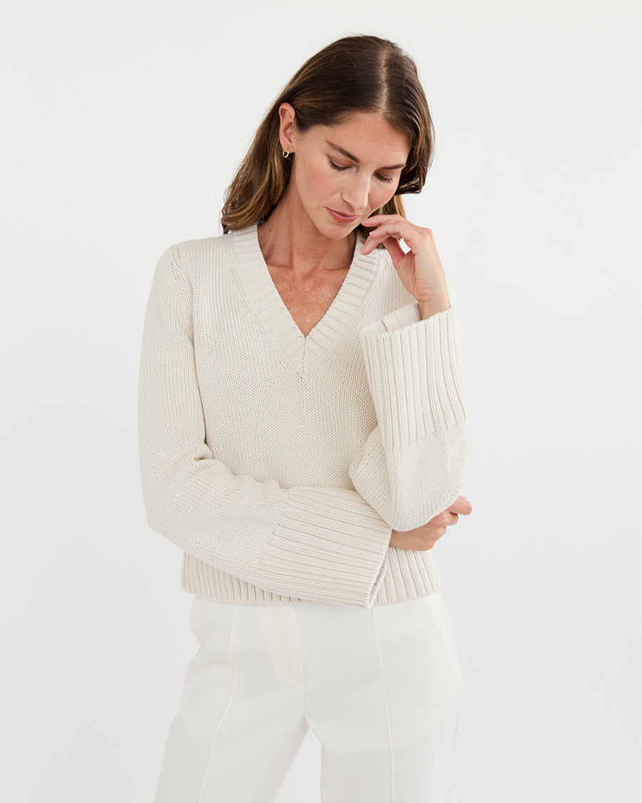The Easton Cropped Cotton V-Neck Sweater in Ivory — Italian-spun Turkish cotton — State of Cotton NYC