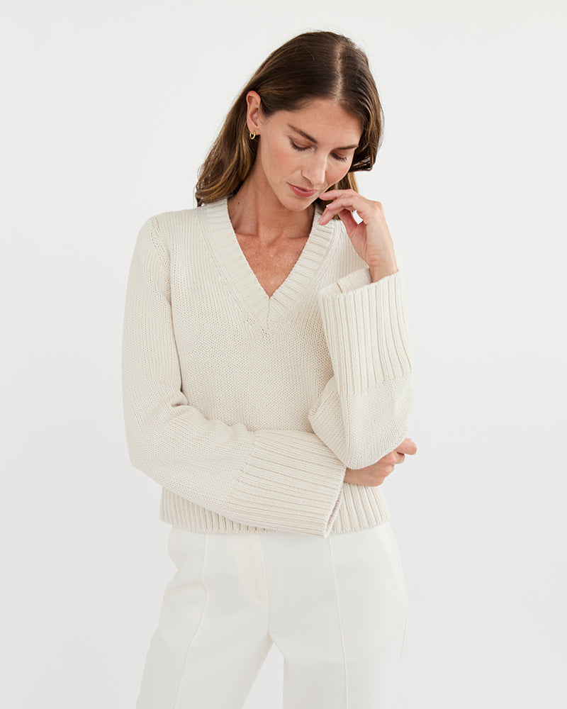The Easton Cropped Cotton V-Neck Sweater in Ivory — Italian-spun Turkish cotton — State of Cotton NYC
