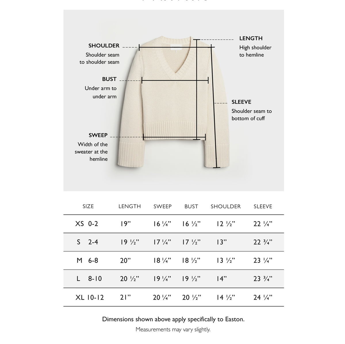 Size chart for The Easton Cotton V-Neck Sweater — State of Cotton NYC