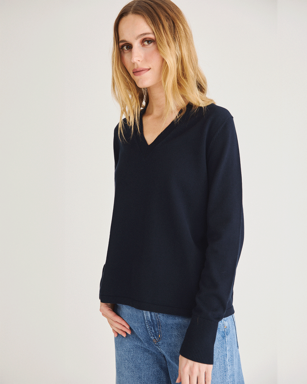 The Ellie Lightweight Cotton V-Neck Sweater in Navy — Egyptian cotton, Italian-spun — State of Cotton NYC
