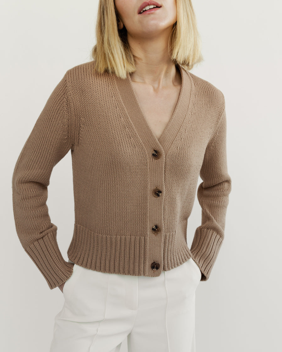 The Ellis Cotton Cardigan in camel, additional view — State of Cotton NYC