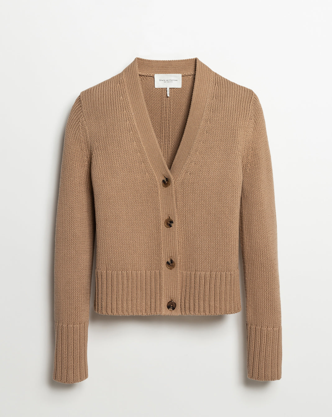 Woman wearing The Ellis Cotton Cardigan in camel — State of Cotton NYC