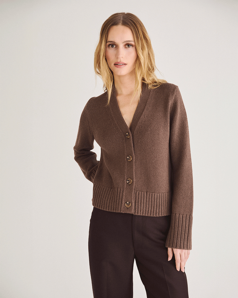 The Ellis Cotton Cardigan in cocoa — medium weight Turkish cotton, Italian-spun — State of Cotton NYC