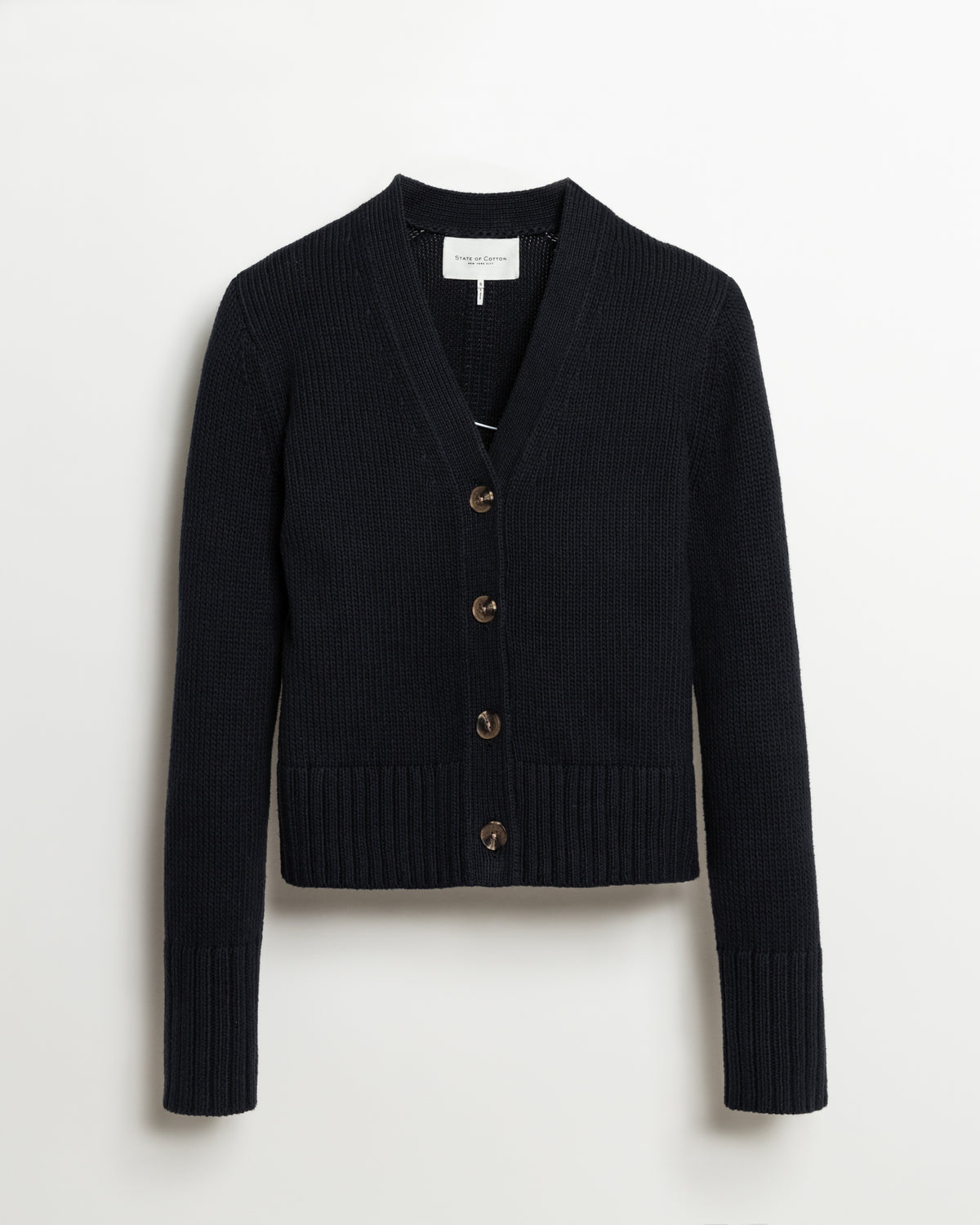 The Ellis Cotton Cardigan in navy, flat lay — State of Cotton NYC