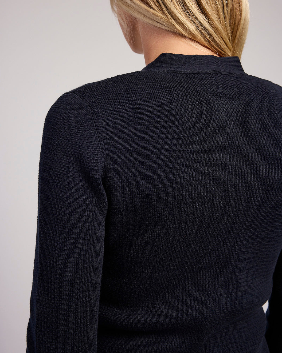 Detail shot of The Derring Cotton Cardigan Blazer in navy