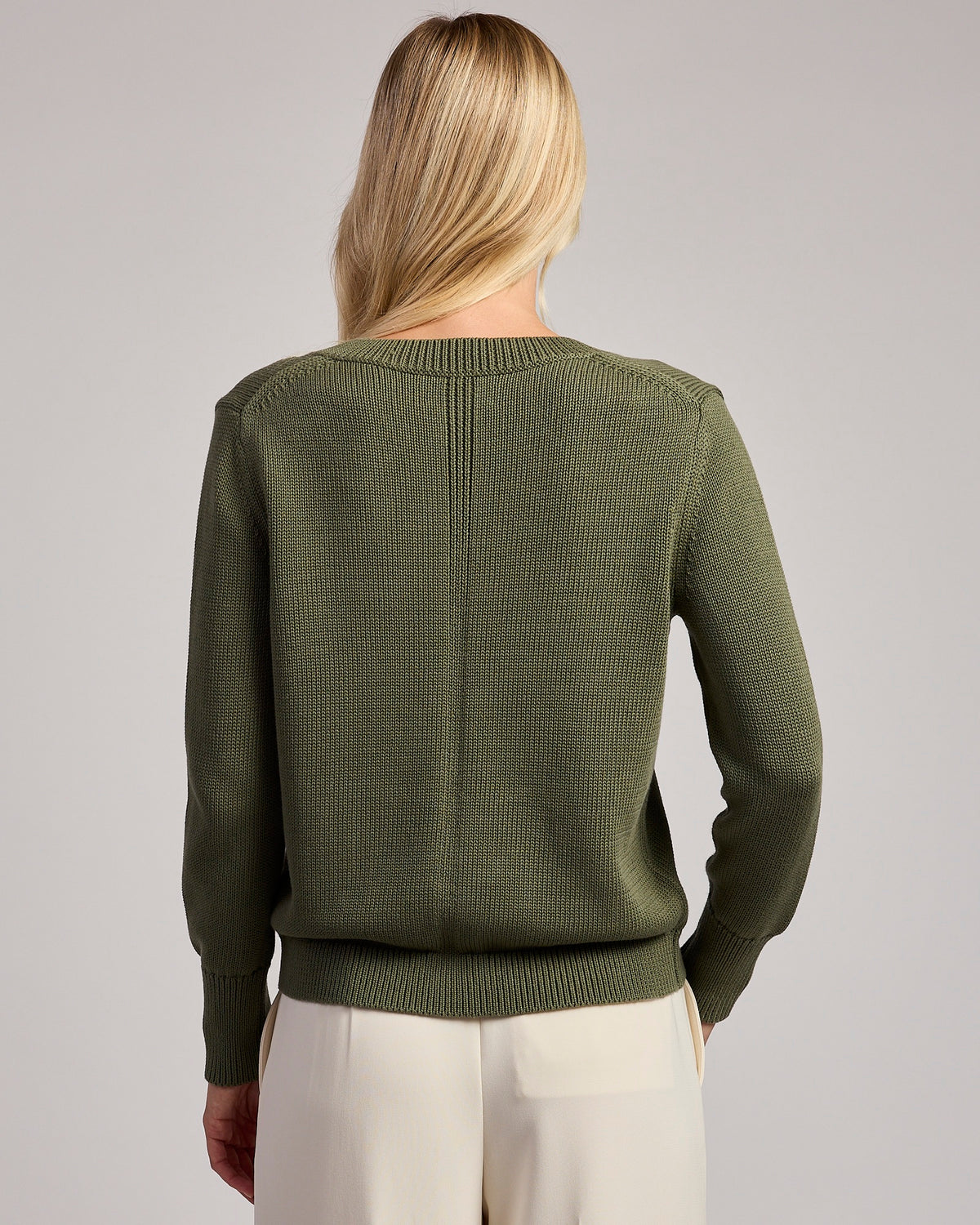 The Dorien V-Neck Cotton Sweater in cypress, back view — State of Cotton NYC