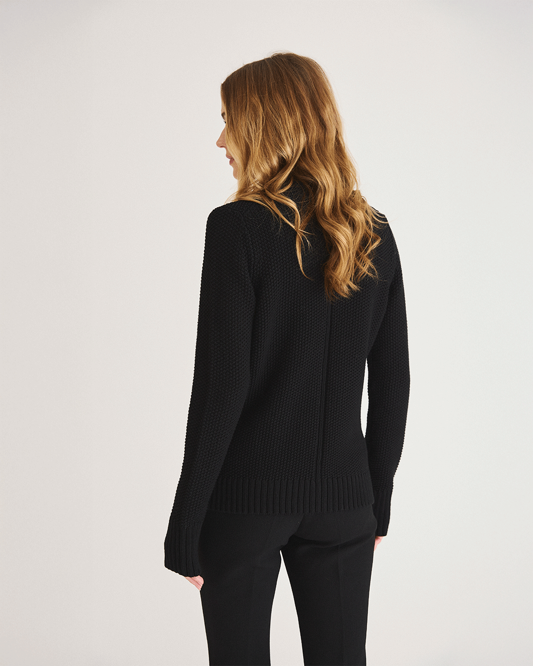 The Griffin Seed Stitch Cotton Cardigan in black, styled view — State of Cotton NYC