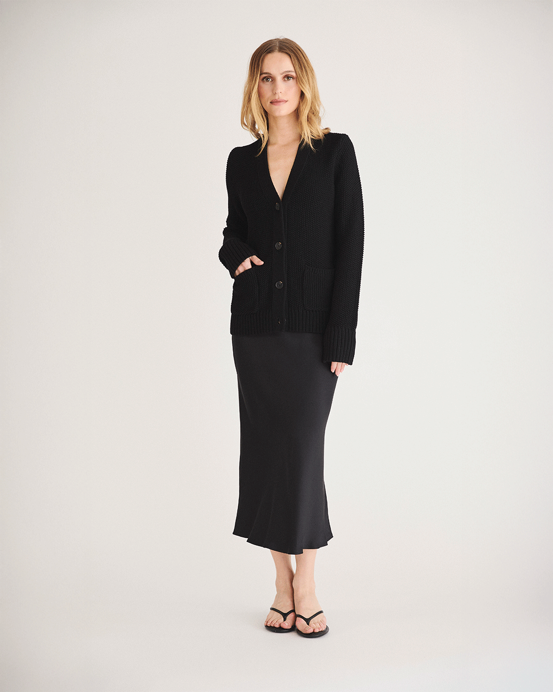 The Griffin Seed Stitch Cotton Cardigan in black, styled view — State of Cotton NYC