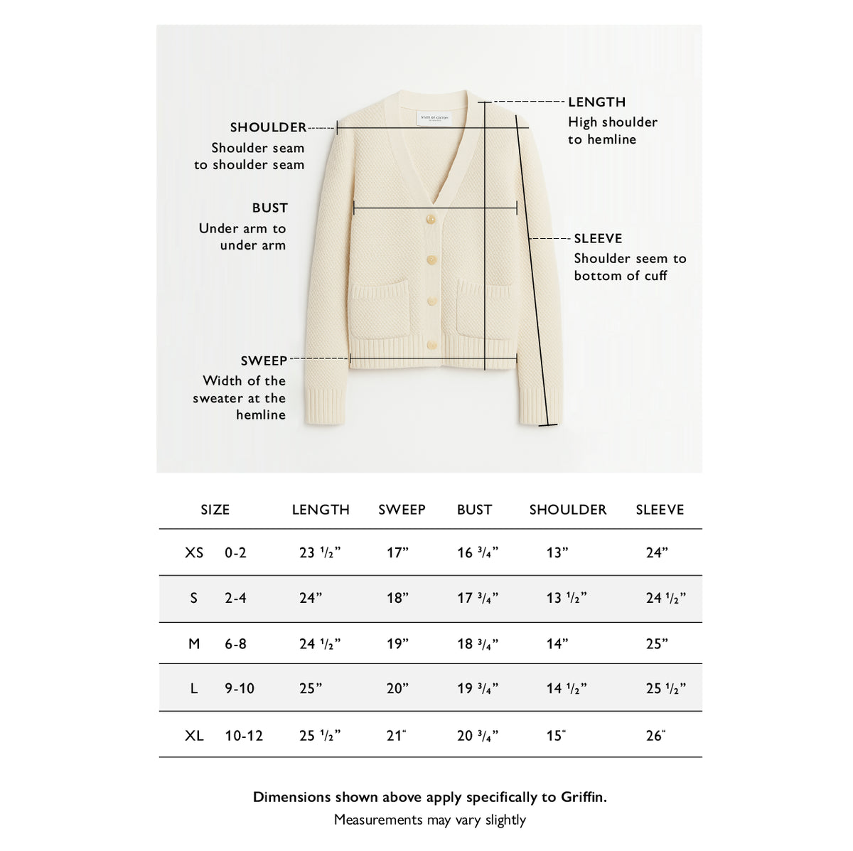 Size chart for The Griffin Seed Stitch Cotton Cardigan — State of Cotton NYC