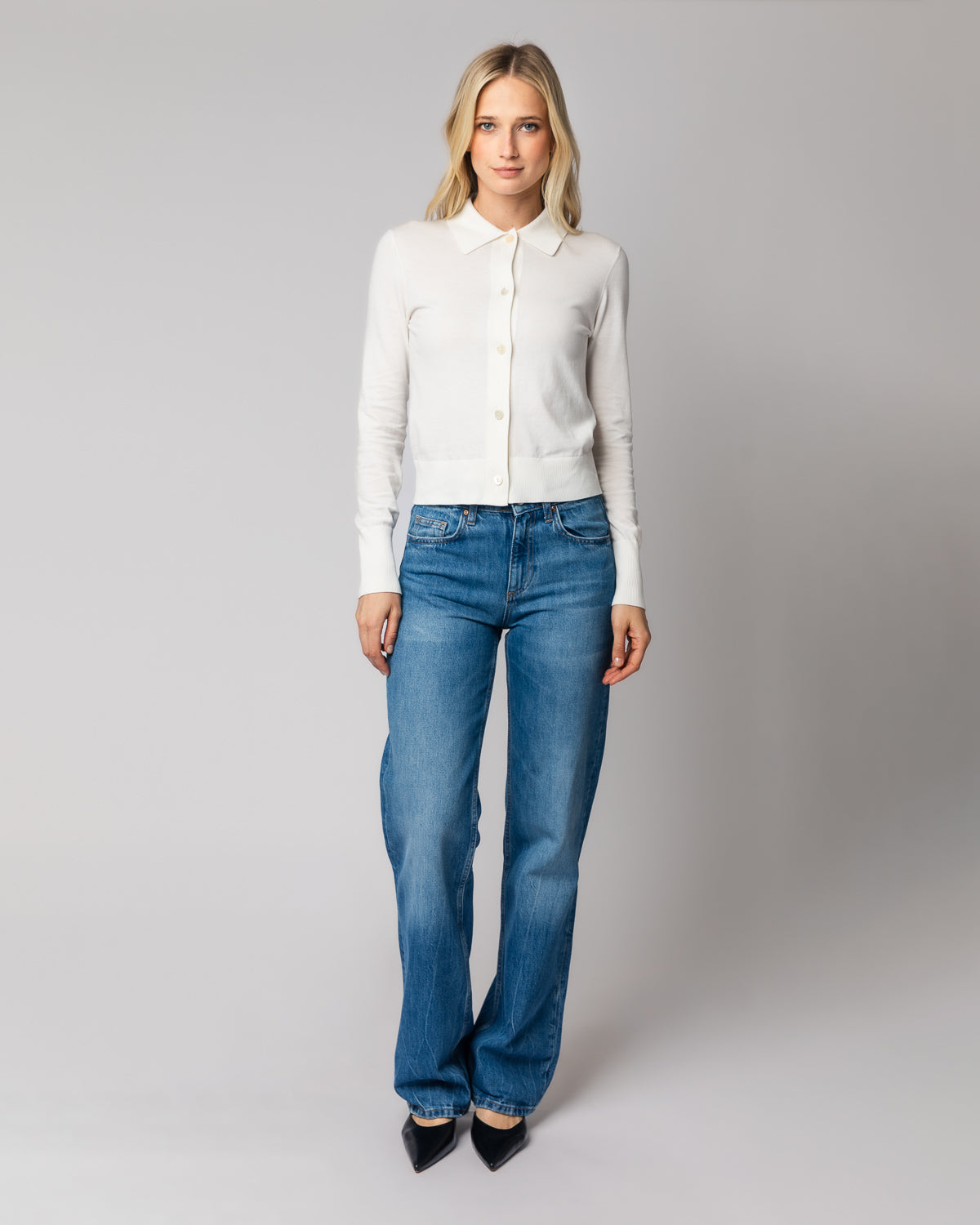 Detail shot of The Halsey Cotton Polo Sweater in cream — superfine Egyptian cotton