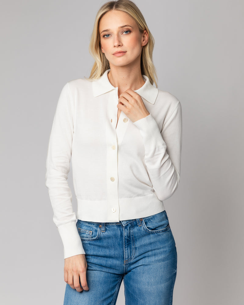 Detail shot of The Halsey Cotton Polo Sweater in ivory — Egyptian cotton, Italian-spun