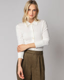 Woman wearing The Halsey Cotton Polo Sweater in ivory — State of Cotton NYC