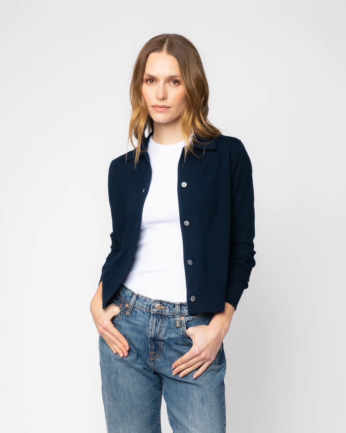 The Halsey Cotton Polo Sweater in navy, additional view — State of Cotton NYC