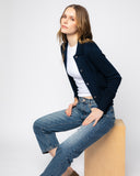 The Halsey Cotton Polo Sweater in navy, styled view — State of Cotton NYC